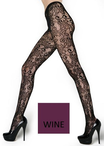 Stella Elyse Retro Floral Vines Fishnet Pantyhose (Wine / Regular)