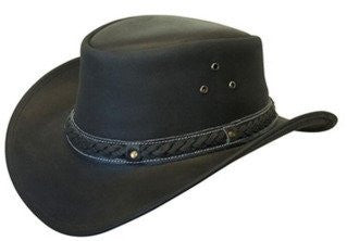 Crushable Black Leather Australian Hat - Brown, Small