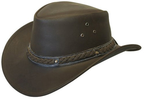 Crushable Black Leather Australian Hat - Brown, Large