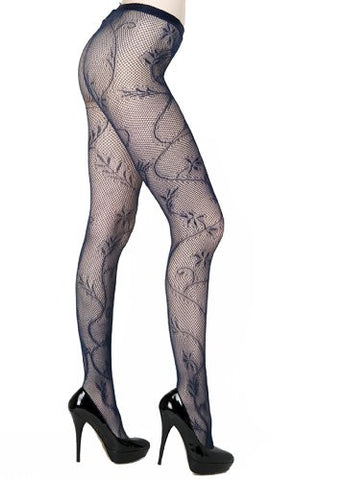 Yelete Floral Stitching Colored Fishnet Pantyhose - Queen - Navy