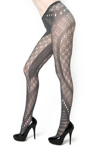 Yelete Chevron Cutouts and Florals Colored Fishnet Pantyhose - Grey L/XL