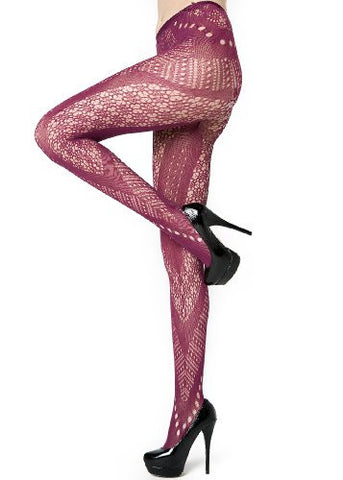Yelete Chevron Cutouts and Florals Colored Fishnet Pantyhose - Wine L/XL