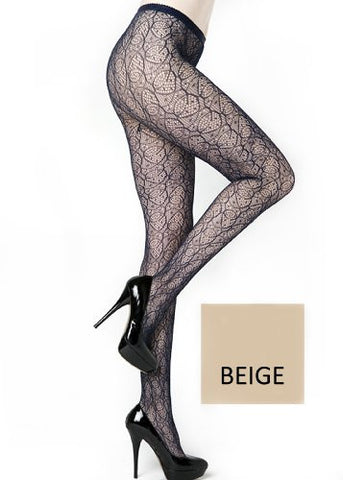 Yelete Spirograph Pattern Colored Fishnet Pantyhose - Queen - Beige