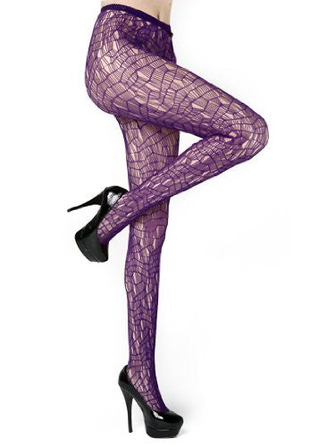 Yelete Mosaic Lines Colored Fishnet Pantyhose - Queen - Purple