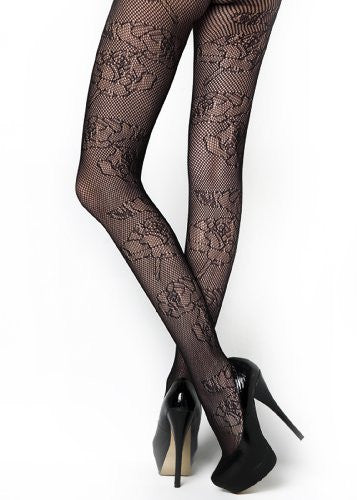 Yelete Rose Outline Colored Fishnet Pantyhose - Queen - Black