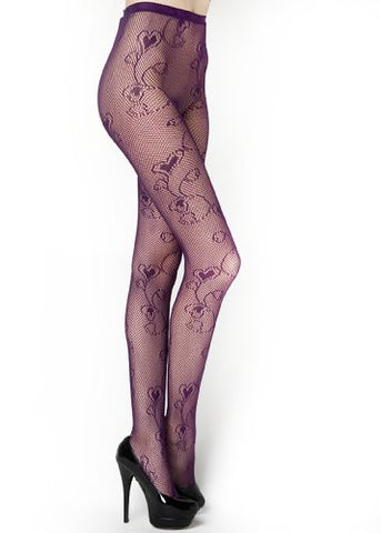 Yelete Floral Hearts Colored Fishnet Pantyhose - Queen - Purple