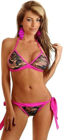 Lined, Lightly Padded Triangle, Bikini Top w/ Halter Tie Top & Tie in the Back. Line Matching Tie Side Bikini Bottoms w/ Pucker Back, Water Safe - Camouflage X-Small