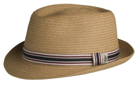 Toyo Braid Pork Pie Style Hat with Striped Grosgrain Ribbon Band - Tan, Small/Medium