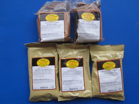 Teriyaki Jerky Seasoning Blend 134 (20.25) , Hot Teriyaki Jerky Seasoning Blend 135 (21.25 oz) , Cajun Style Jerky Seasoning Blend 132 (14.25 oz), Jerky Seasoning Blended 131 (13 oz) and Peppered Jerky Seasoning Blend 133 (13.5 oz)