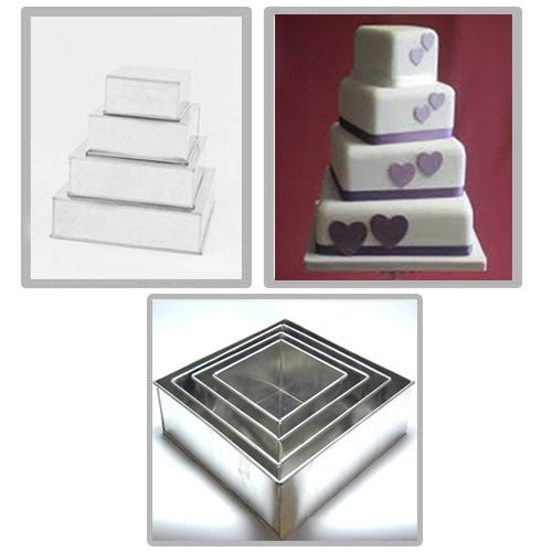 4 Tier Square Multilayer Tin Cake Pans 6" 8" 10" 12" (all 3" deep)