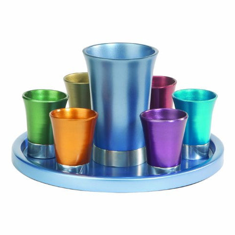 Kiddush Set - Cup and Tray and Small Cups - Anodize - Multicolor, 8x4.5 inch