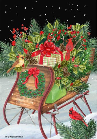 Christmas Sleigh - 12 Inch X 18 Inch Garden Size Decorative Flag