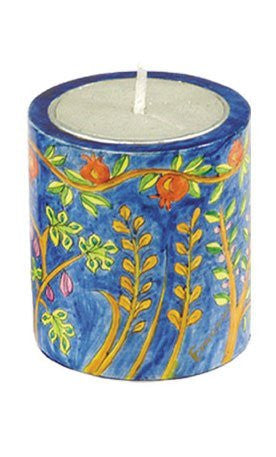 Memorial Candle Holder - Wood and Candle - The Seven Species, 2.7x3.2 inch