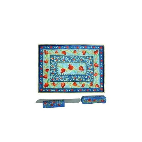 Challah Board - Pomegranates, 16.3x12.4 inch and Knife and Stand - Pomegranate, 12.5x1.5x1.5 inch