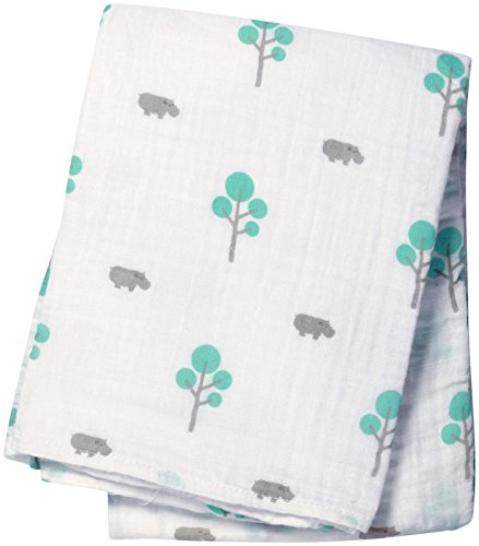 Cotton Muslin Swaddle - Aqua Hippo, 47"x47"