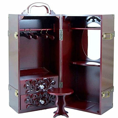 Deluxe Doll Clothes Mahogany Storage Trunk & Vanity, Furniture Fits 18" Girl Dolls