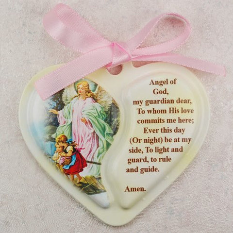Guardian Angel Heart Crib Medal,Carded with Pink Ribbon - 2 1/2"