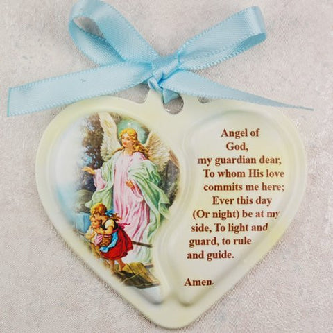 Guardian Angel Heart Crib Medal,Carded with Blue Ribbon - 2 1/2"