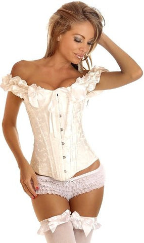 Feminine Embroidered Corset w/Front Busk Closure, Smocked Peasant Cap Sleeves & Lace-Up Back for Cinching, Privacy Panel in the Back - Ivory Large