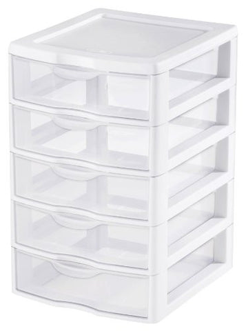 Small 5 Drawer Unit White Frame W/Clear Drawers