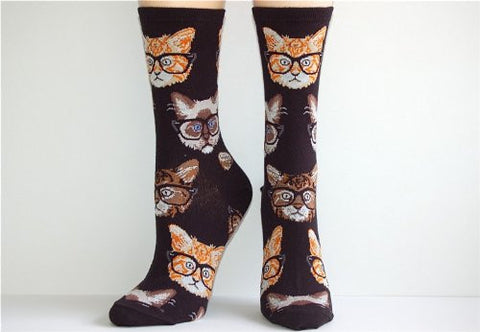 Women's Kittenster Crew Socks, Black/Brown