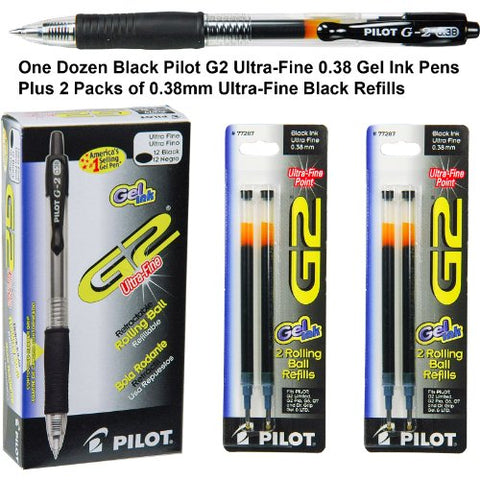 12 G2-3 Gel Pen, Ultra Fine Tip, Black and 2 of 2 Pack Refill Pen, Ultra Fine Tip, Black