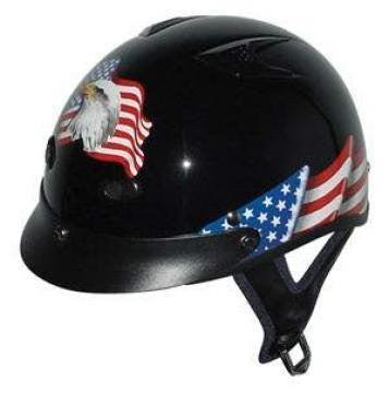 Dot Vented Eagle Flag Black Motorcycle Half Helmet Beanie, Medium