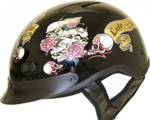 Dot Ladies Vented Black Rose Motorcycle Half Helmet Beanie, Small