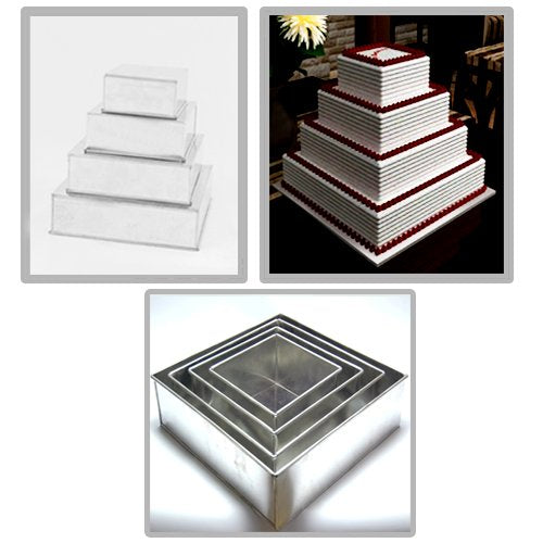 4 Tier Square Multilayer Tin Cake Pan Set, 6", 8", 10" & 12" (4" deep)