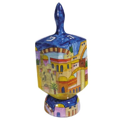 Extra Large Dreidel and Stand - Jerusalem, 7x3 inch