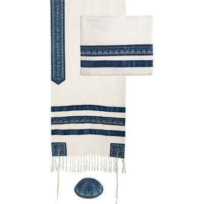 Tallit - Embroidered and Embroidered Stripe - Blue, 20x75 inch
