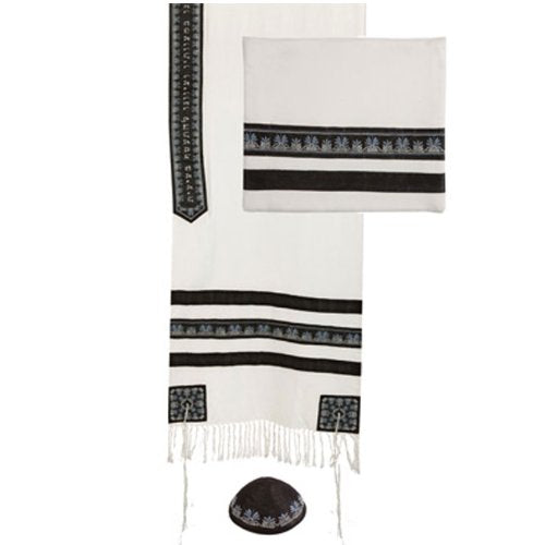 Tallit - Embroidered and Embroidered Stripe - Black, 20x75 inch