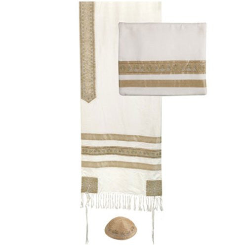 Tallit - Embroidered and Embroidered Stripe - Gold, 20x75 inch