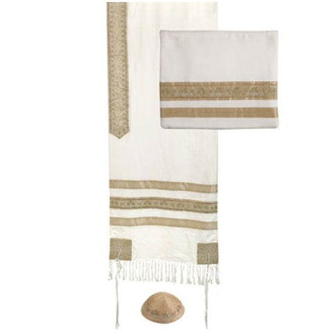 Tallit - Embroidered and Embroidered Stripe - Gold, 20x75 inch