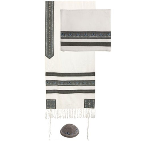 Tallit - Embroidered and Embroidered Stripe - Gray, 20x75 inch