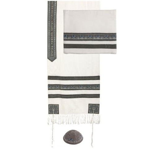 Tallit - Embroidered and Embroidered Stripe - Gray, 20x75 inch