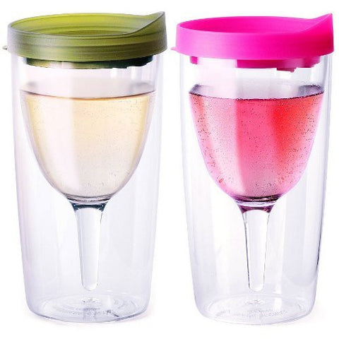 Vino2Go Wine Tumbler 10 oz, Verde & Pink Lids, Pack of 2