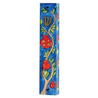 Small Wooden Mezuzah - Pomegranates MZS-23, 4.9x1x0.4 inch