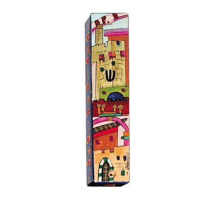 Small Wooden Mezuzah - Jerusalem, 4.9x1x0.4 inch
