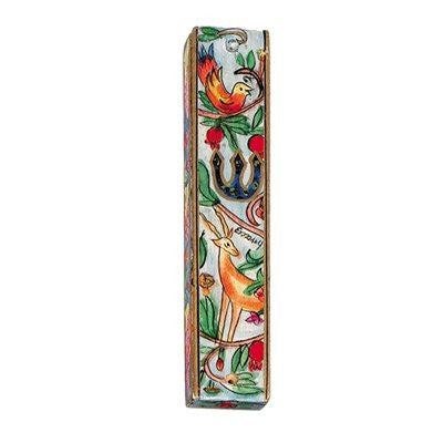 Small Wooden Mezuzah - Deer and Birds, 4.9x1x0.4 inch