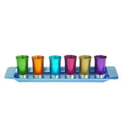 Set of 6 Cups and Tray - Anodize - Multicolor, 13x13 inch
