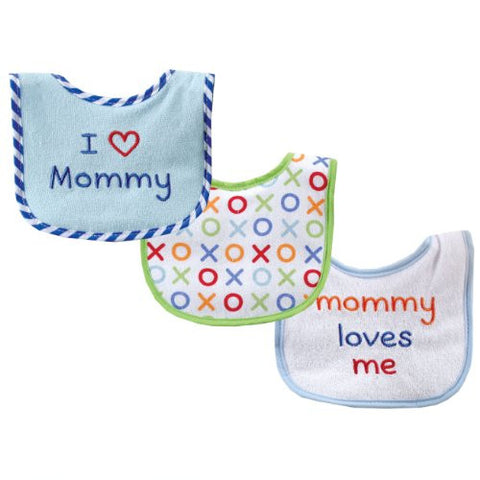 Luvable Friends,  I Love Drooler Baby Bib, 3-Pack, Blue - Mommy, One Size
