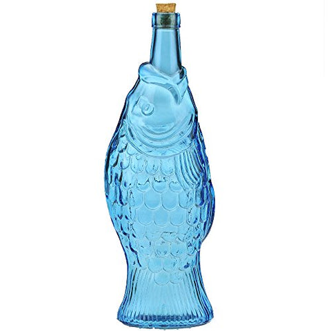 13" Tall Aqua Blue Recycled Glass Fish Bottle 37oz