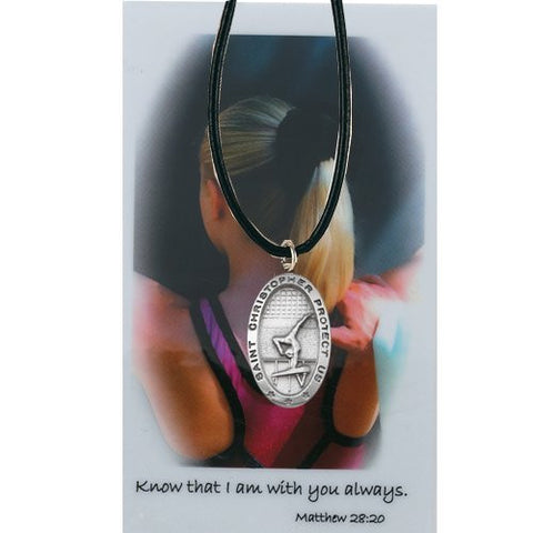 GIRLS GYMNASTICS SPORT MEDAL PENDANT NECKLACE AND ALWAYS WITH YOU PRAYER CARD RELIGIOUS SAINT CHRISTOPER SPORT MEDAL