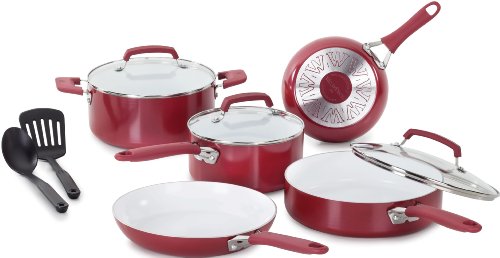 Wearever Pure Living Ceramic,  Aluminum w/ White Ceramic Non-Stick Interior, 10pc Set - (8" & 10" Sauté, 3qt. Cov'd Sauce Pan, 3.5qt. Large Cov'd FP, 5qt. Cov'd Dutch Oven, 2 tools)