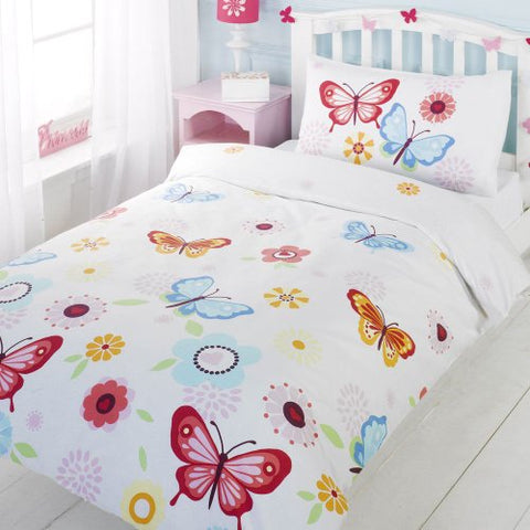 Butterfly Single Duvet Cover And Pillowcase Set - White, 135cm x 200cm, Pillowcase size: 50cm x 75cm