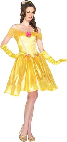 2PC.Princess Belle, off the shoulder satin dress and headpiece SMALL YELLOW