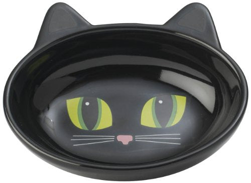 Frisky Kitty Stoneware Cat Bowls - Oval, Black 5.5"