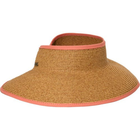 Bare Necessity Sewn Paper Braid Brim Packable Visor with Contrast Pipping & Velcro Closure, 4" Brim - Coral