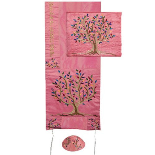 Tallit - Special Embroidery Tree of Life - Pink, 16x70 inch